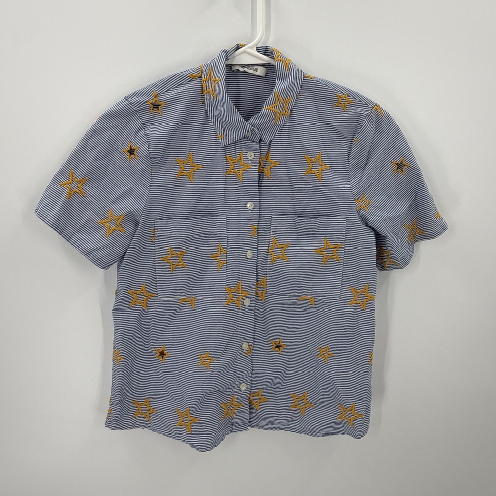 Madewell Star Embroidered Striped cropped button shirt Size XS Blue Preppy